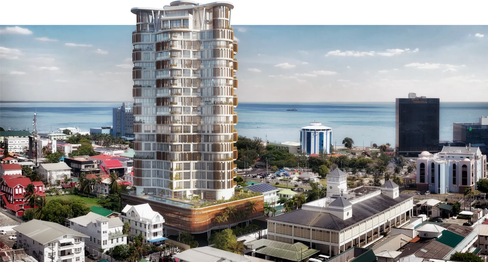 Rendering of Duke Tower rising over Kingston, Georgetown, with the Atlantic behind