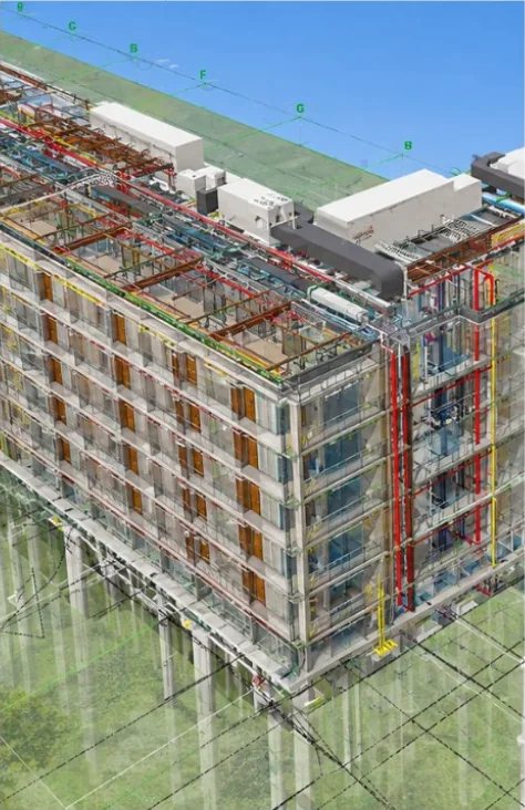 BIM model of the hotel showing architecture, structure and MEP coordinated together