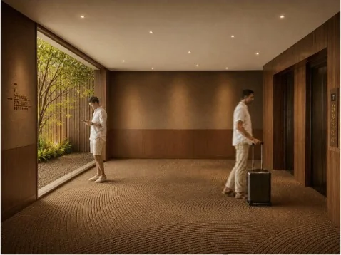 Hotel lobby and lift hall with guests