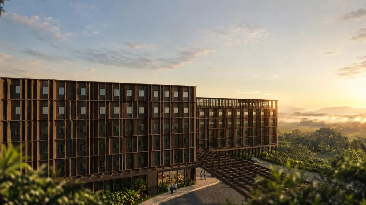 Rendering of the international dual-brand hotel at sunset, with its timber-lattice façade
