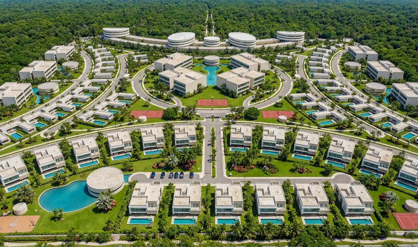 Aerial view of the Lotus Gardens master-planned community and its central clubhouse