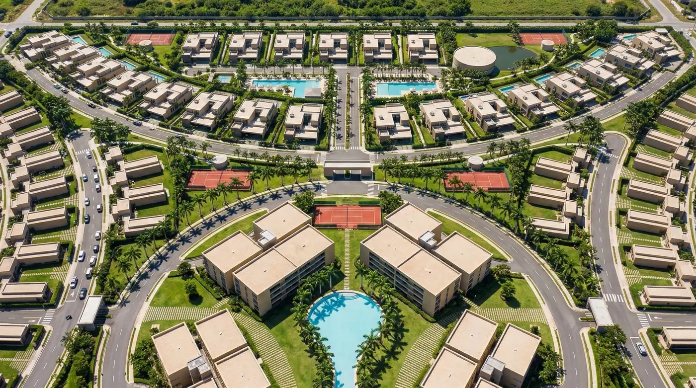 Aerial view of Lotus Gardens streets, homes and amenities
