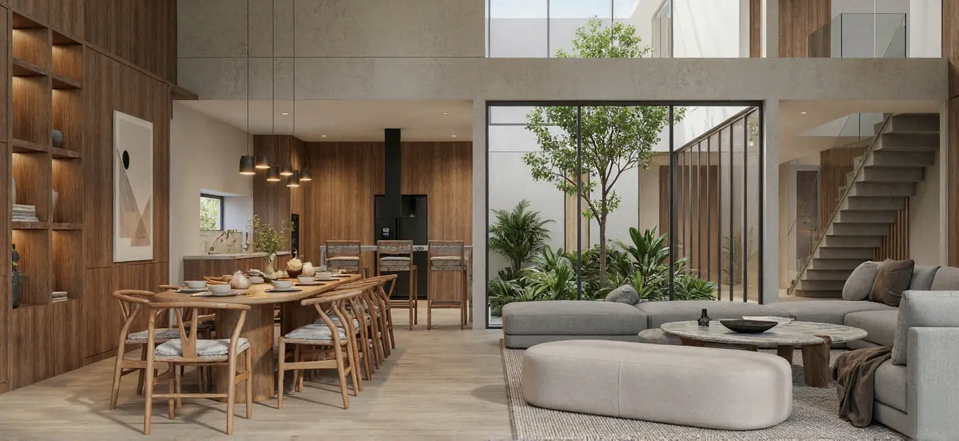 Lotus Gardens home interior with a double-height dining and living area