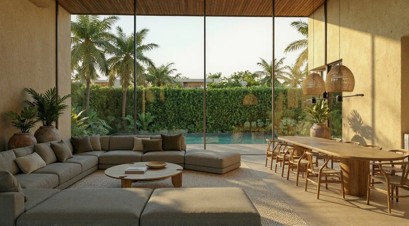 Lotus Gardens living room open to the garden and pool