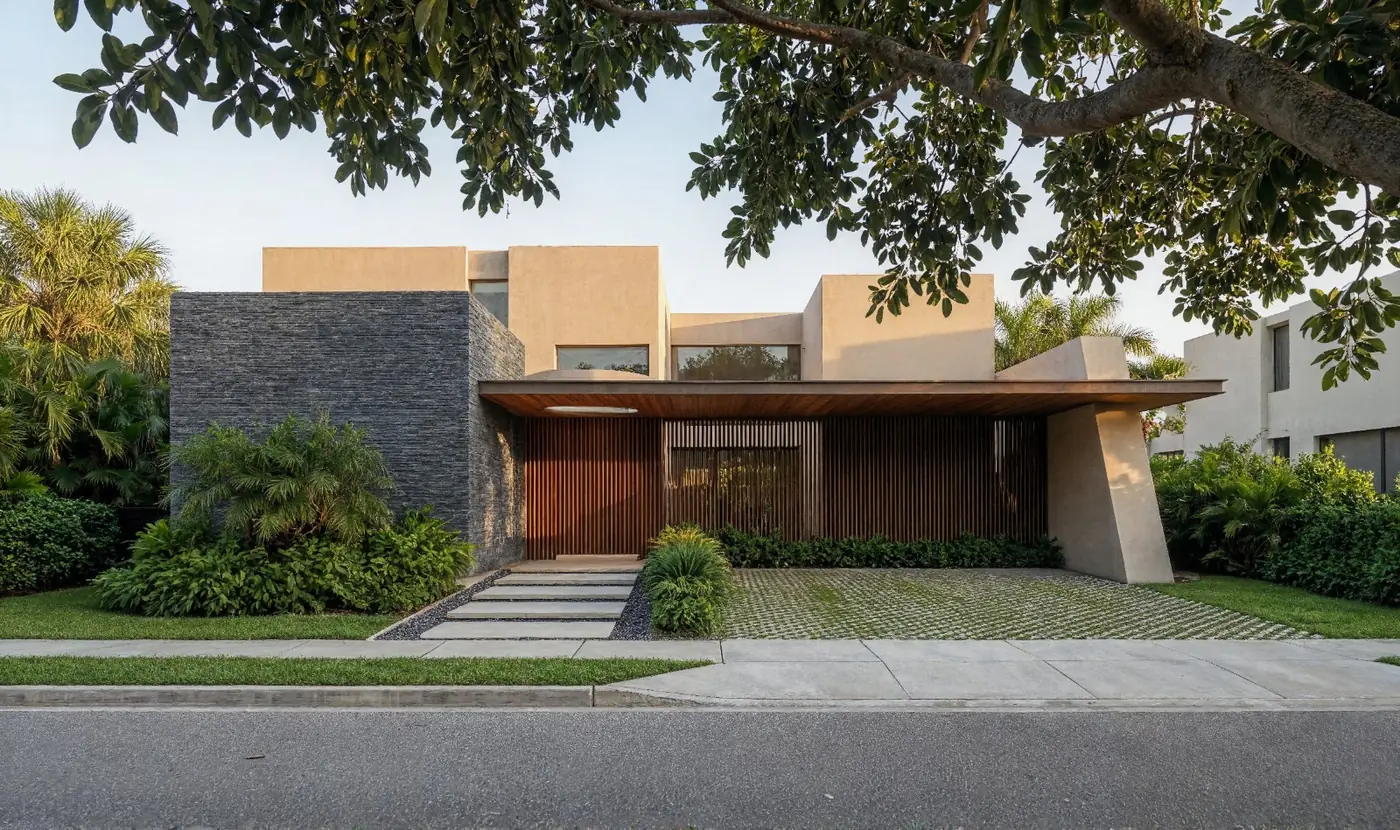 Rendering of a Lotus Gardens home in stone, timber and render under a tree canopy